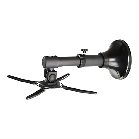 Schwarze Deckenhalterung für einen Projektor, zeigt verschiedene Arme mit drehbarem Kopf und Horn.