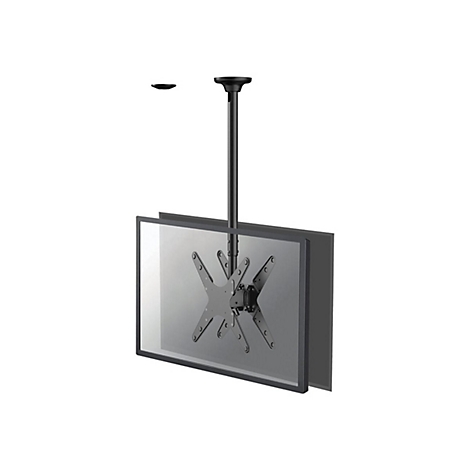 Schwarze Deckenhalterung für einen Fernseher, der vor einem weißen Hintergrund schwebt.