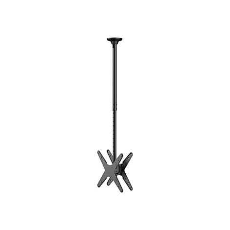 Schwarze Deckenhalterung für Flachbildschirme. Ein schwarzer Mast verbindet die Deckenplatte mit der Halterung, die sternförmig aufgebaut ist.