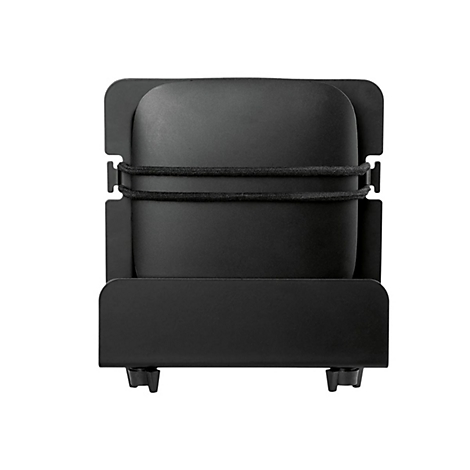 Schwarzer Stuhl mit rechteckiger RÃ¼ckenlehne und SitzflÃ¤che. Ein schwarzes Gummiband hÃ¤lt die SitzflÃ¤che zusammen. Der Stuhl steht auf einem schwarzen Metallgestell.