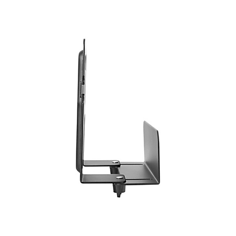 Schwarzer Metallhalter, Seitenansicht. Bestehend aus einer vertikalen Platte, einer horizontalen Platte und einem L-fÃ¶rmigen Teil.