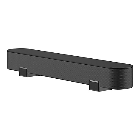 Schwarze Soundbar mit abgerundeten Enden, zwei FÃ¼ÃŸe zur Montage.