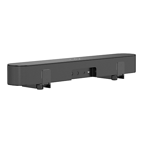 Dunkle Soundbar mit Halterungen, vor weiÃŸem Hintergrund. RÃ¼ckseite mit AnschlÃ¼ssen, klar und kantig.