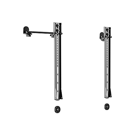 Zwei metallische Wandhalterungen. Eine hat einen waagerechten Arm, beide haben senkrechte TrÃ¤ger mit LÃ¶chern und runde schwarze Elemente unten.