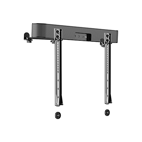 Schwarze Soundbar-Halterung. Zwei vertikale Halterungen mit runden Schrauben.