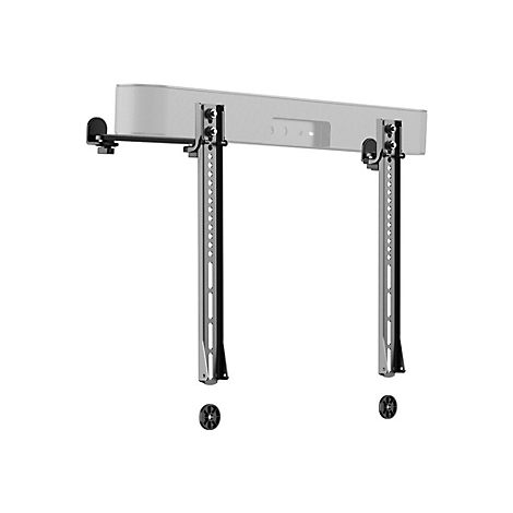 Halterung fÃ¼r Soundbar an der Wand. Zwei vertikale Halterungen mit LÃ¶chern und zwei runden Befestigungsscheiben, verbunden mit der Soundbar.