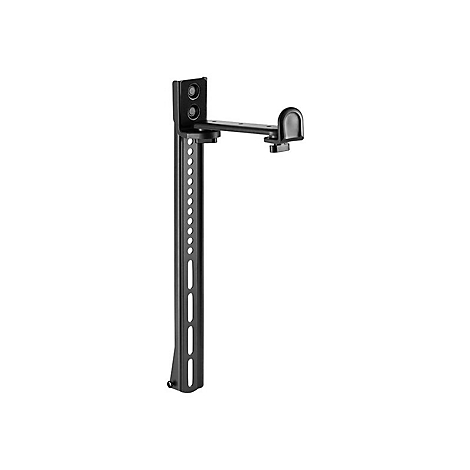 Schwarze TV-Halterung. Mit einer lÃ¤nglichen vertikalen Stange und einem abgewinkelten Arm mit Halterung.