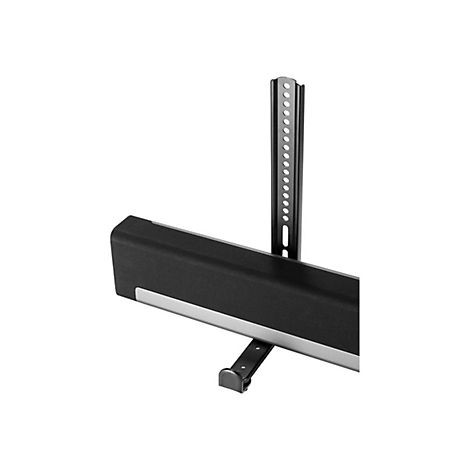 Schwarze Soundbar-Halterung mit silbernen Akzenten. Sie besteht aus Metall und hat ein lÃ¤ngliches Design mit LÃ¶chern fÃ¼r die Montage.