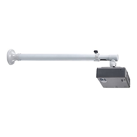 WeiÃŸer Deckenprojektorhalter mit Projektor, vor weiÃŸem Hintergrund.