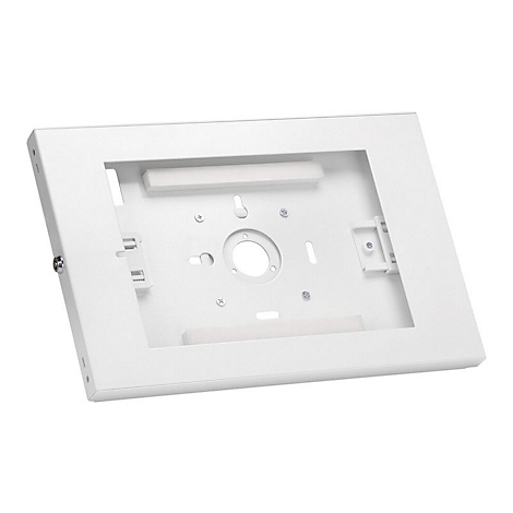 WeiÃŸe Tablet-Wandhalterung, rechteckig, mit Aussparung und Befestigungselementen.