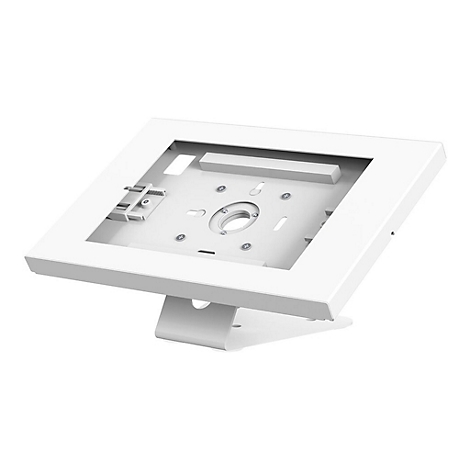 WeiÃŸes Tablet-Halterung mit quadratischem Rahmen und StÃ¤nder, Blick von schrÃ¤g oben.