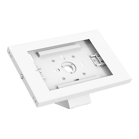 WeiÃŸer Tablet-Halter, flach, eckig, mit LÃ¶chern und Halterungen zur Befestigung. Steht auf einem Sockel.