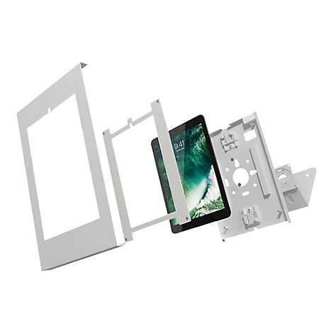 Explodierte Ansicht einer Tablet-Halterung. Das Tablet wird von Halterungsteilen umgeben, die vor weiÃŸem Hintergrund montiert werden.