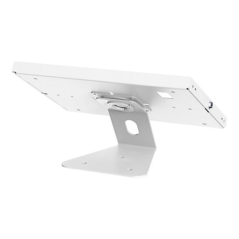 WeiÃŸes Tablet mit Halterung, von unten fotografiert, auf weiÃŸem Hintergrund.