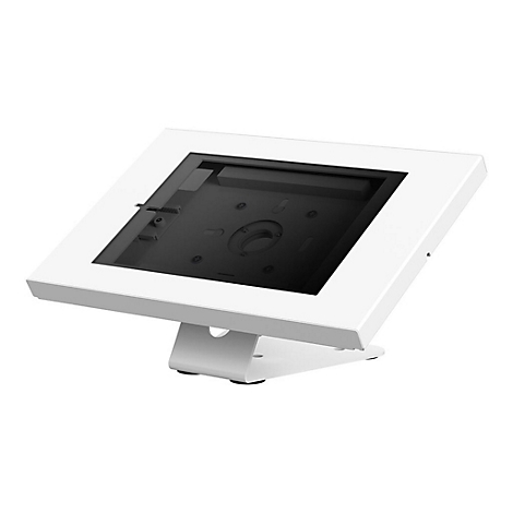 WeiÃŸer Tablet-Halter, geneigt, mit dunklem Bildschirmbereich und StandfuÃŸ. Ein schlichtes Design.