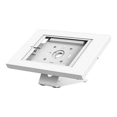 WeiÃŸes Tablet-GehÃ¤use, leicht angewinkelt auf einer Basis, Schrauben sichtbar.