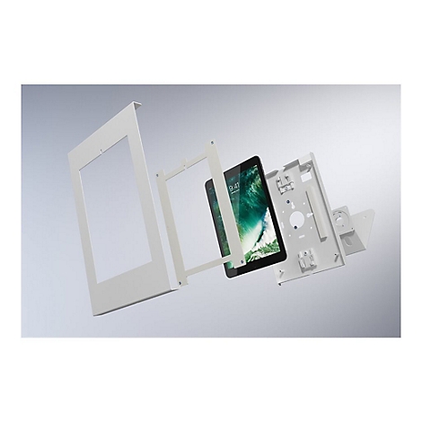 Explodierte Ansicht eines Tablet Halters, die Einzelteile sind in der Luft angeordnet.
