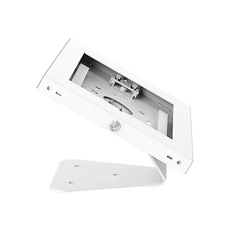 WeiÃŸes, schrÃ¤g stehendes Tablethalterung vor weiÃŸem Hintergrund. Sichtbar sind Halterung, Neigungswinkel und Befestigung.