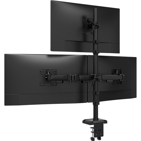 Support pour double moniteur noir avec deux moniteurs. Le support est fixé à un bureau.