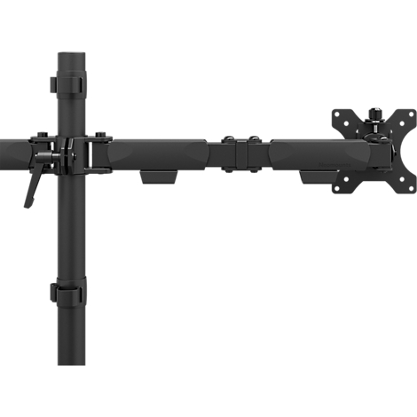 Support de moniteur noir fixé à un poteau. Il comporte plusieurs articulations et un support pour le moniteur.