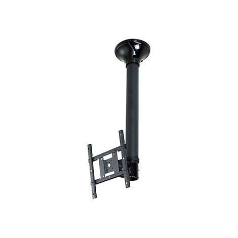 Schwarze Deckenhalterung fÃ¼r einen Fernseher, bestehend aus Deckenplatte, Stange und Halterung.
