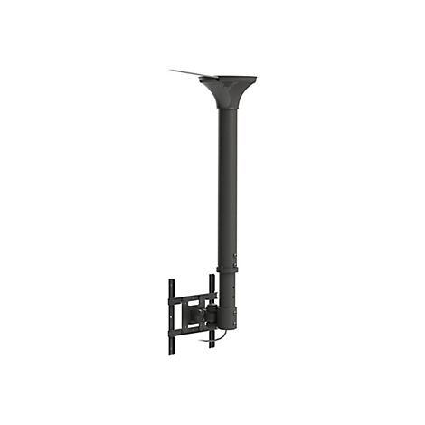 Schwarze Deckenhalterung fÃ¼r einen Fernseher, bestehend aus einer SÃ¤ule, einer Halterung und einer Montageplatte.