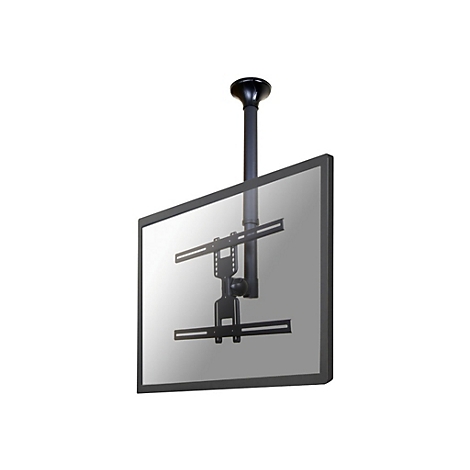 Flachbildfernseher an Deckenhalterung mit Halterung aus schwarzem Metall, vor weiÃŸem Hintergrund.