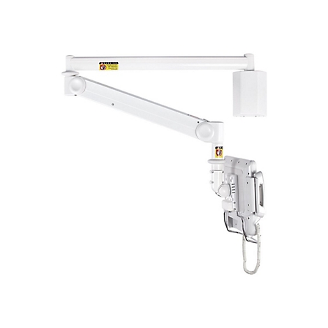 WeiÃŸer, an der Wand montierter medizinischer Arm, mit RÃ¶ntgenausrÃ¼stung am Ende. Ein gelbes Warnschild ist sichtbar.