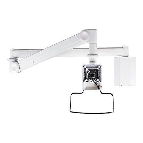 WeiÃŸer, flexibler Arm fÃ¼r medizinisches GerÃ¤t. Mit quadratischem GehÃ¤use, schwarzem Kabel und Halterung.