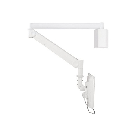 WeiÃŸes, wandmontiertes medizinisches GerÃ¤t, das mit einem Gelenkarm an der Wand befestigt ist. Am Ende des Arms ist ein Touchscreen-Monitor.