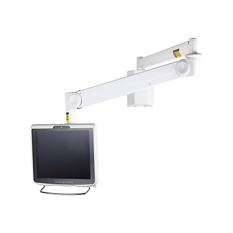 WeiÃŸes medizinisches Wanddisplay mit Monitor. Der Arm ist an der Wand befestigt und flexibel verstellbar.
