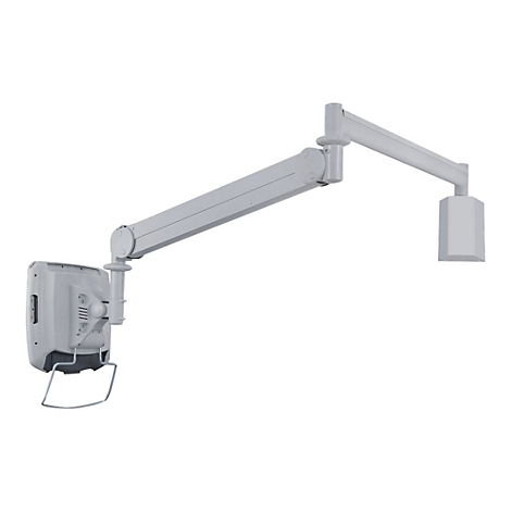 Grauer, an der Wand montierter medizinischer GerÃ¤tearm mit Bildschirm und Beleuchtung.
