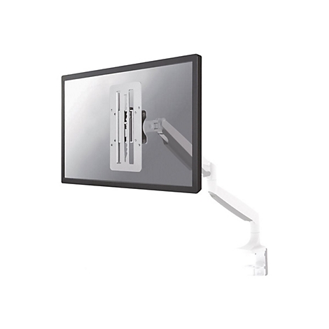 Monitor mit Halterung, vor weißem Hintergrund, schwarz gerahmt, silberne Halterung.