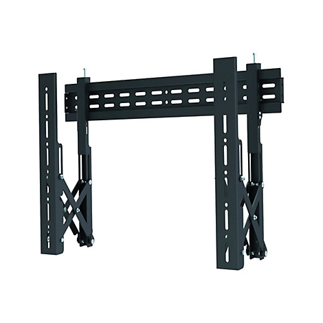 Eine schwarze Wandhalterung fÃ¼r einen Fernseher, mit schwenkbaren Armen und mehreren BefestigungslÃ¶chern.