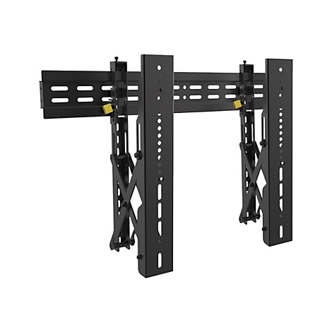 Schwarze Wandhalterung, mit horizontalen und vertikalen Metallteilen. Gelbe Akzente. FÃ¼r Fernseher.