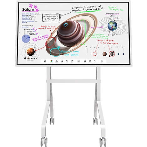 Een wit, mobiel presentatiebord met een kleurrijke schets van Saturnus met informatie.