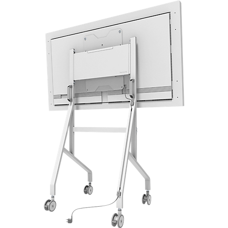 Achterkant van een wit interactief flatscreen met een standaard en wielen. De kabel is aangesloten.
