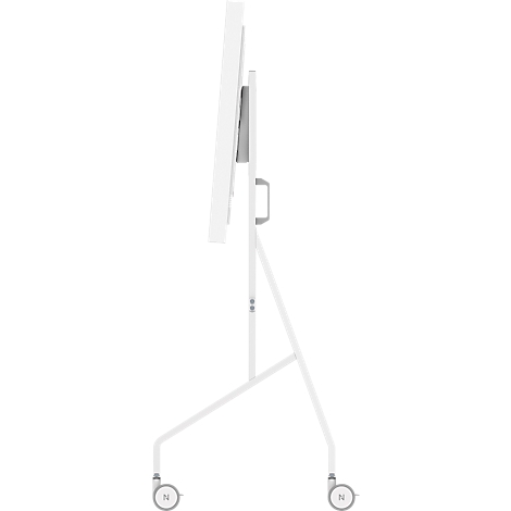 Wit flip-overbord met wielen, zijaanzicht. Het frame is filigraan.