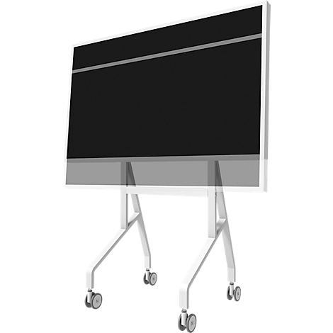 Een groot zwart whiteboard op een witte, rolbare standaard.