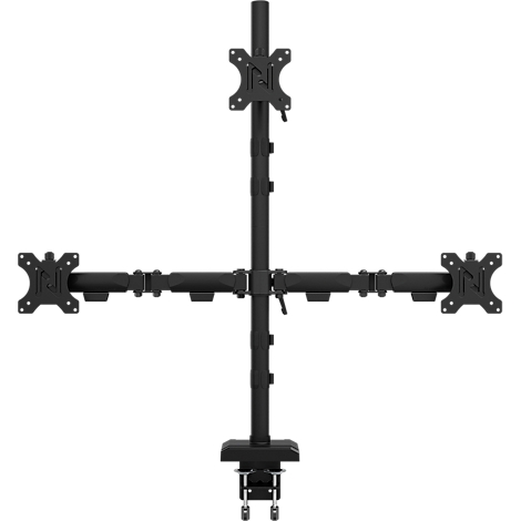 Zwarte monitorstandaard voor vier monitoren, gerangschikt als een kruis. Het wordt aan de rand van een tafel bevestigd.