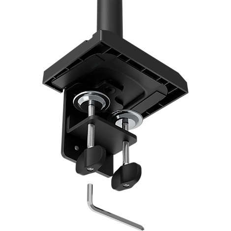 Zwarte bureauklem met twee schroeven en een inbussleutel. De klem is bevestigd aan een monitorarm.