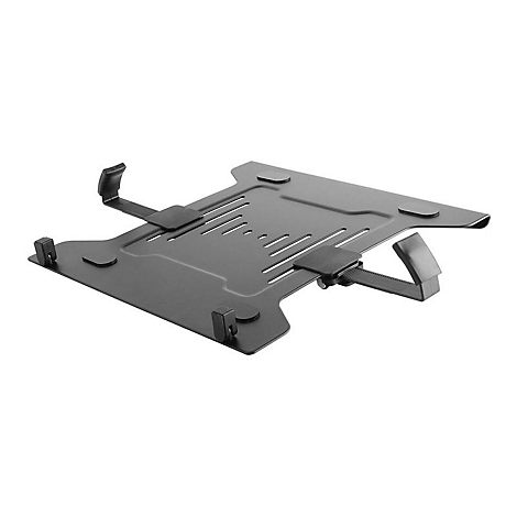 Schwarzer Laptop-StÃ¤nder, schrÃ¤g von oben fotografiert. Die AuflageflÃ¤che hat LÃ¶cher und ist mit Halterungen ausgestattet.
