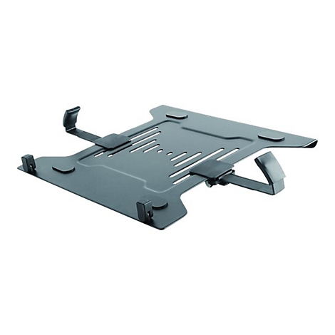 Dunkelgrauer LaptopstÃ¤nder mit Halterungen und LÃ¼ftungsschlitzen. Ein ergonomisches Design fÃ¼r bessere Luftzirkulation und komfortables Arbeiten.