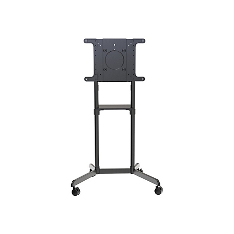 Support TV noir roulant. Support supérieur avec vis, étagère en dessous et base roulante.