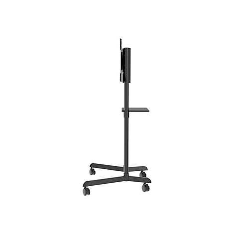 Support TV noir avec roulettes et étagère, sur fond blanc. Support d'écran en haut.