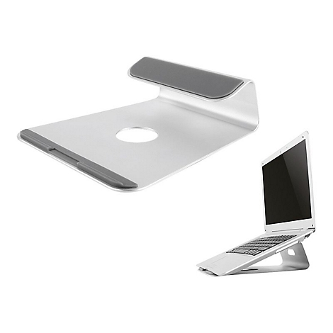 Silberner Laptop-Ständer mit Laptop. Der Ständer hat eine runde Aussparung und graue Gummipads.