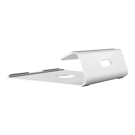 Silberner Laptop-Ständer. Geformt mit einer geschwungenen Basis und einer erhöhten Halterung mit einem Aussparungsloch.