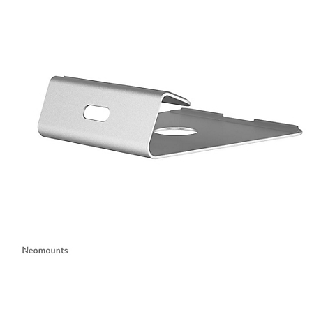 Silberfarbener Tablet-Ständer, Metall. Neomounts Schriftzug.