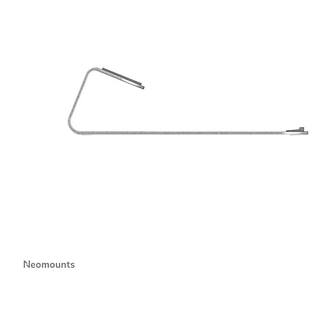 Grauer, minimalistischer Monitorarm, gebogen mit einem kurzen Abschnitt. Unten ist der Markenname Neomounts zu sehen.