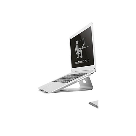 Ein silberner Laptop auf einem Laptop-Ständer. Der Bildschirm zeigt ein ergonomisches Symbol und den Text "ERGONOMIC".